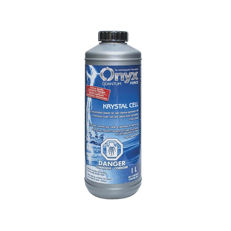 Bouteille de nettoyant concentré Onyx Krystal Cell pour électrolyseur au sel de piscine, 1L.