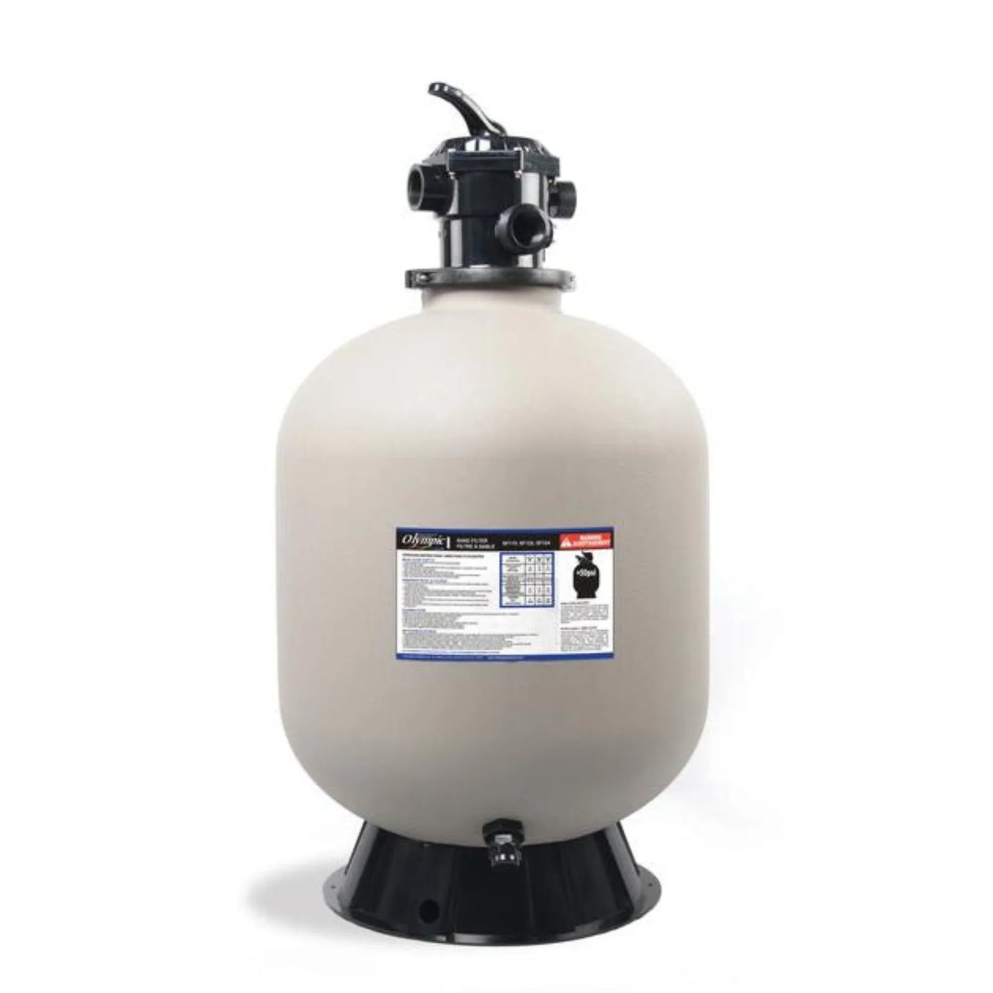 Filtre à sable pour piscine avec vanne de contrôle noir, sur fond blanc.