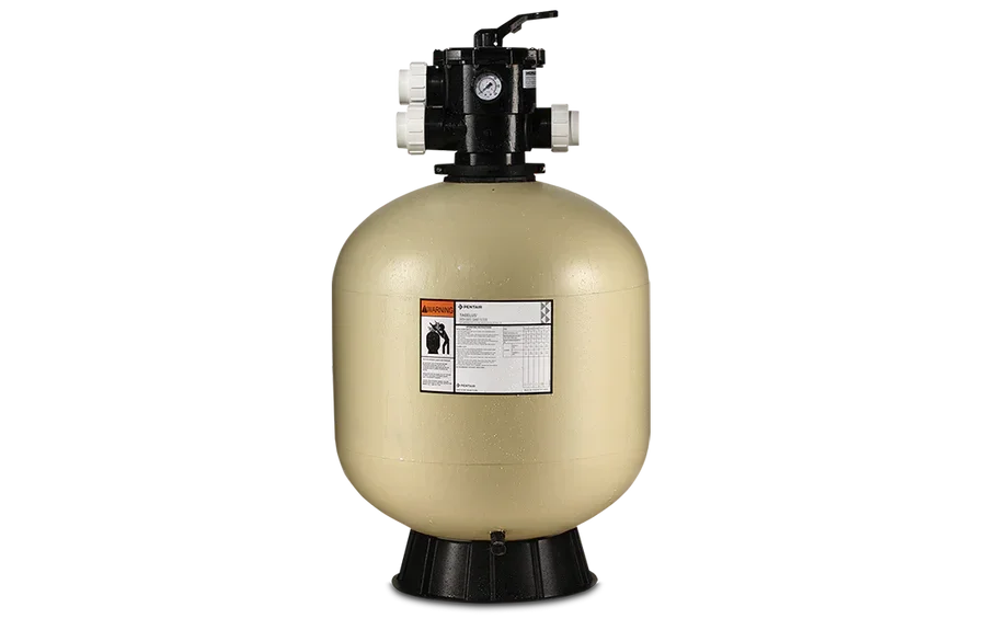 Filtre à sable de piscine beige avec vanne noire et manomètre, équipement d'entretien piscine