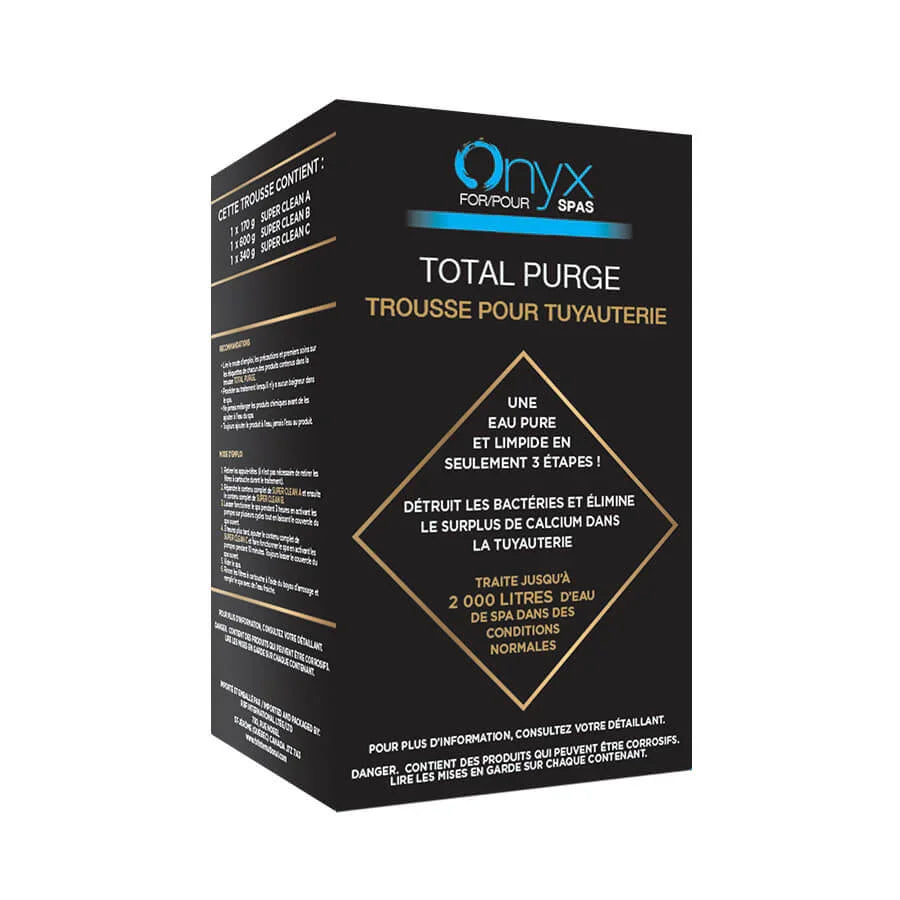 Boîte noire de trousse pour tuyauterie Onyx, nettoyage et traitement spa, instructions au recto.