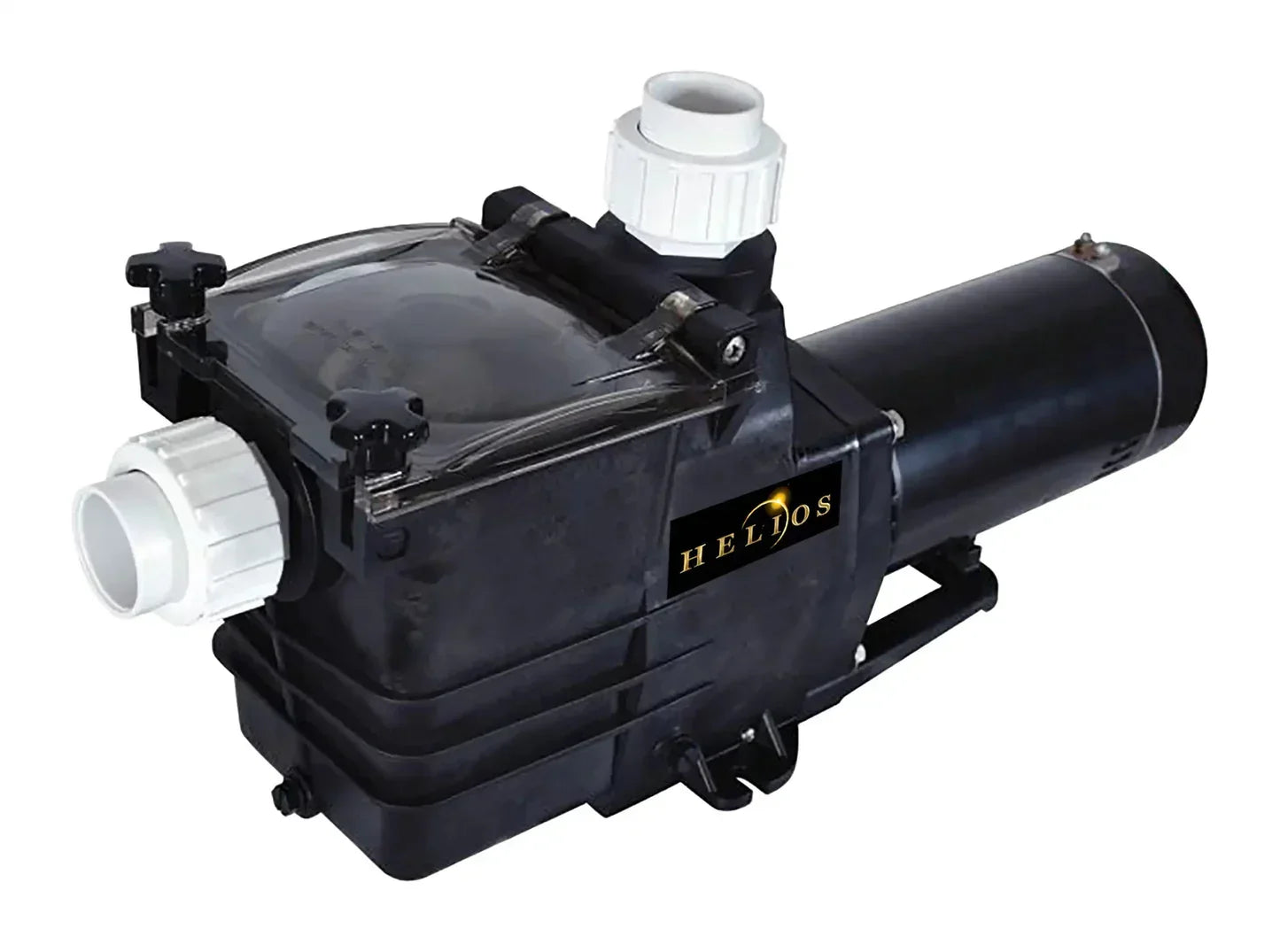 Pompe de piscine creusée Helios 1,5 HP, noire, avec couvercle transparent et raccords blancs