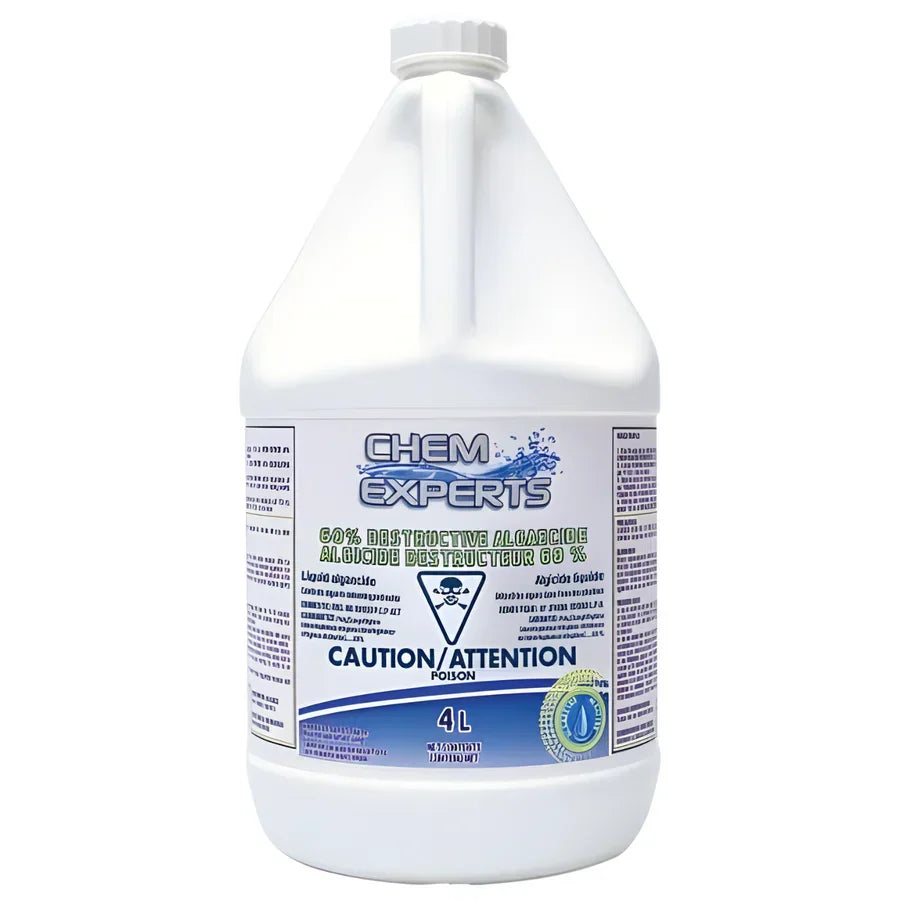 Bidon d’algicide 60 % pour piscine, 4 L, traitement anti-algues, sécurité, étiquette claire