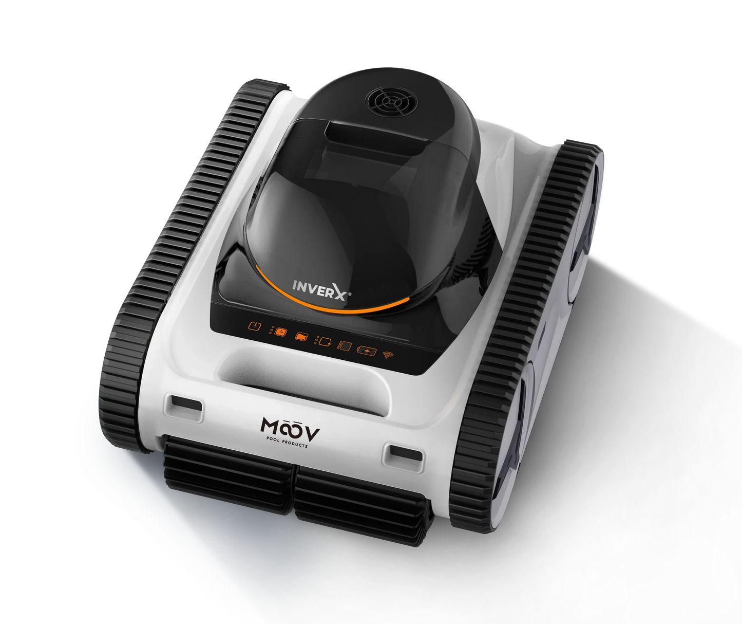 Robot nettoyeur de piscine automatique Moov, design compact avec chenilles, couleur blanche et noire.
