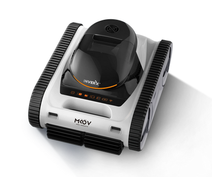 Robot nettoyeur de piscine automatique Moov, design compact avec chenilles, couleur blanche et noire.