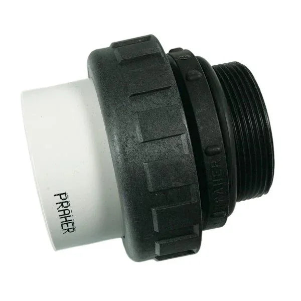 Raccord union PVC noir et blanc pour plomberie de piscine, filetage extérieur visible.