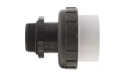 Raccord union PVC pour tuyauterie piscine, filetage noir et embout blanc, vue latérale.
