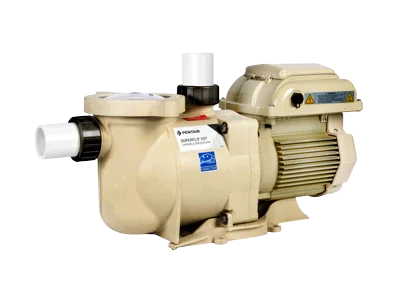 Pompe de piscine beige pour filtration, moteur électrique, raccords visibles, équipement d'entretien