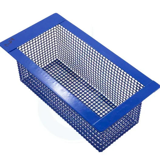 Panier de skimmer rectangulaire bleu pour piscine, accessoire d'entretien en plastique.