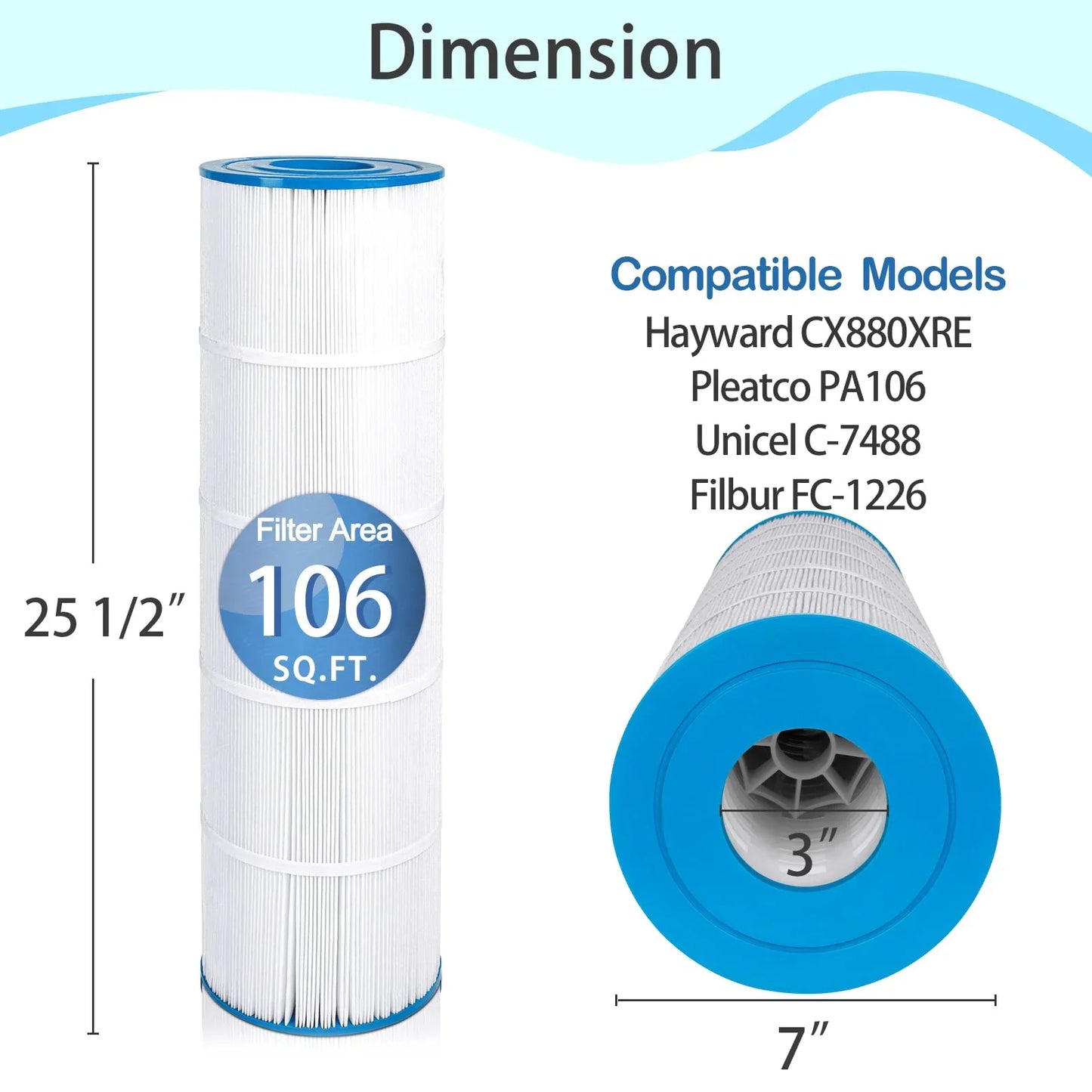 Cartouche de filtre piscine 106 pieds carrés, dimensions 25,5 x 7 pouces, compatible Hayward CX880XRE, Pleatco PA106.