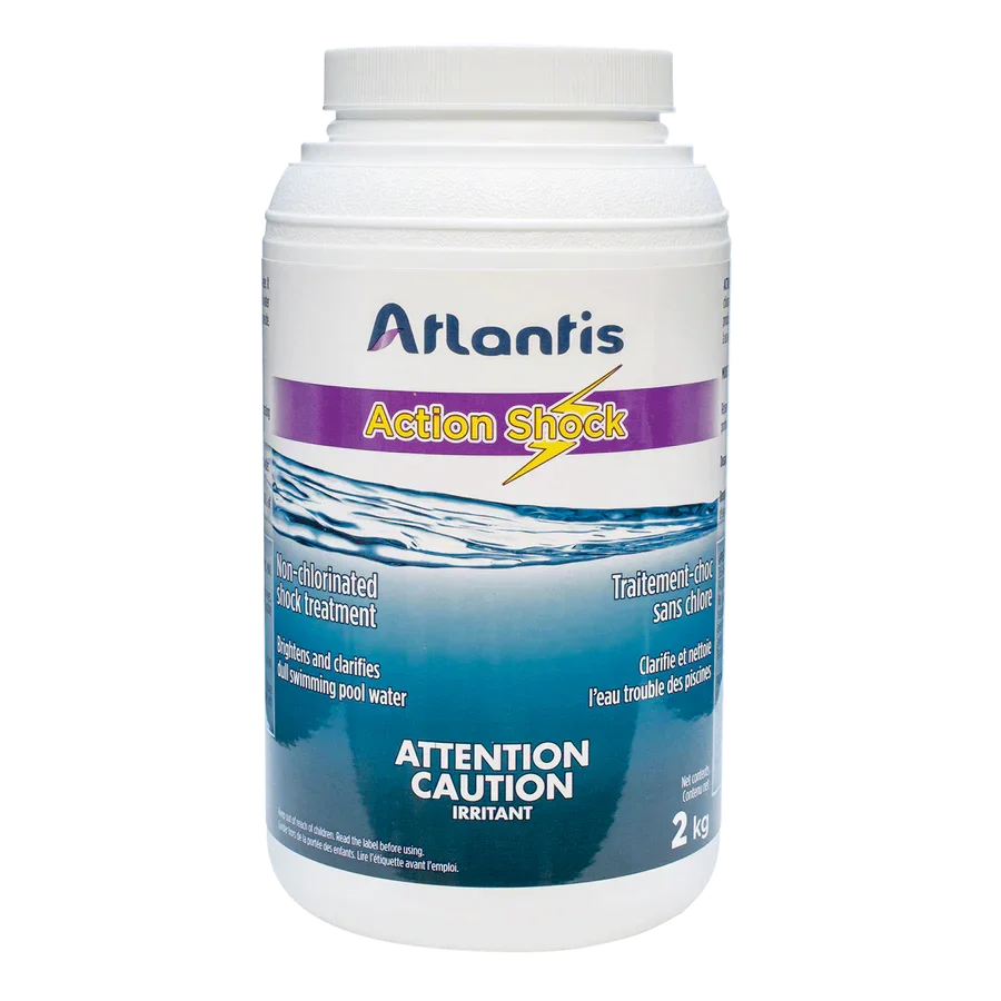 Produit Atlantis Action Shock 2 kg, traitement-choc sans chlore pour entretien de piscine.