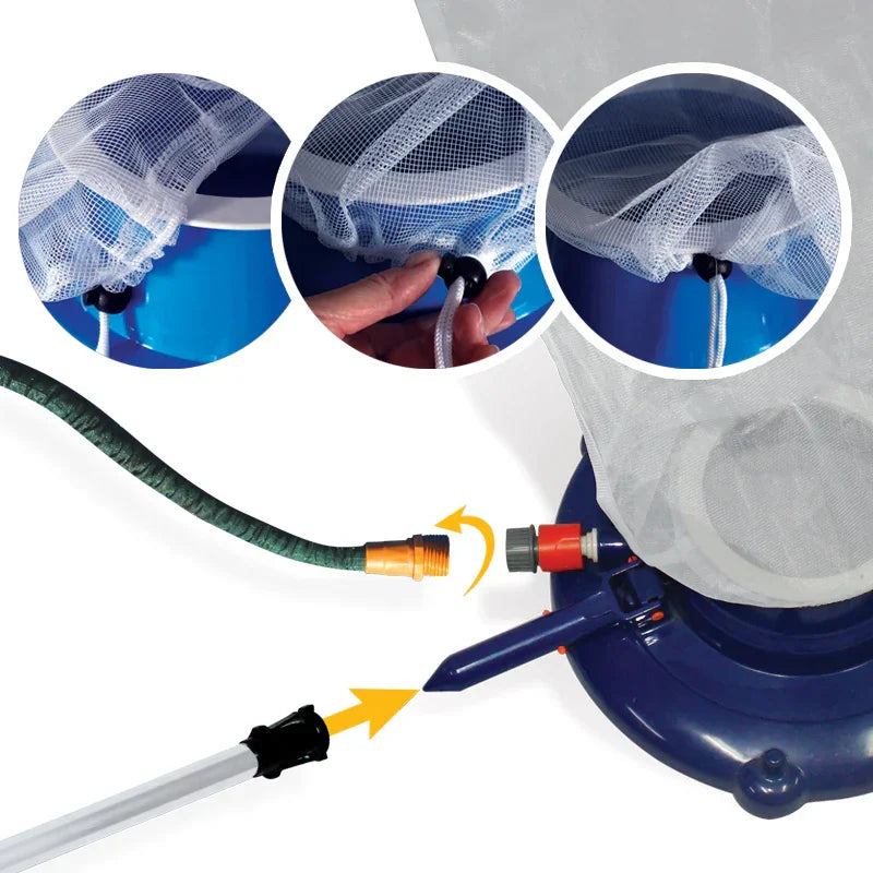 Aspirateur manuel pour piscine avec sac de filtration, raccordement de tuyau d’arrosage et manche télescopique.