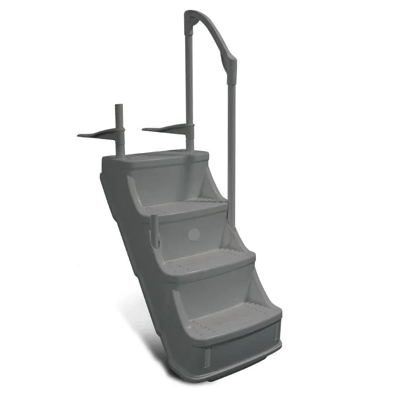 Escalier pour piscine hors-sol en plastique gris avec main courante sécurisée.