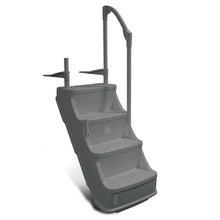 Escalier pour piscine hors-sol en plastique gris avec main courante sécurisée.