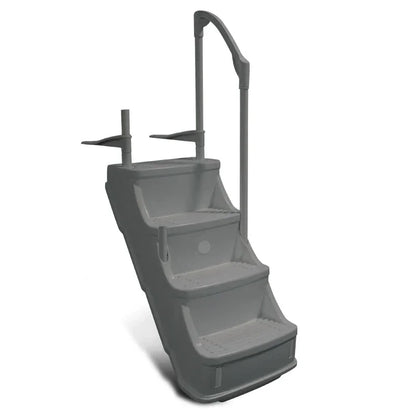 Escalier pour piscine hors-sol en plastique gris avec main courante sécurisée.