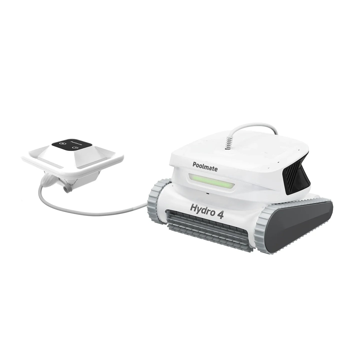 Robot nettoyeur de piscine Hydro 4 blanc avec base de recharge, sur fond blanc