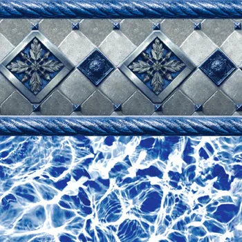 Liner de piscine motif mosaïque bleu avec frise décorative et effet d'eau en surface