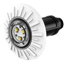 Éclairage LED rond pour piscine, blanc, avec trois ampoules visibles, conçu pour bassin.