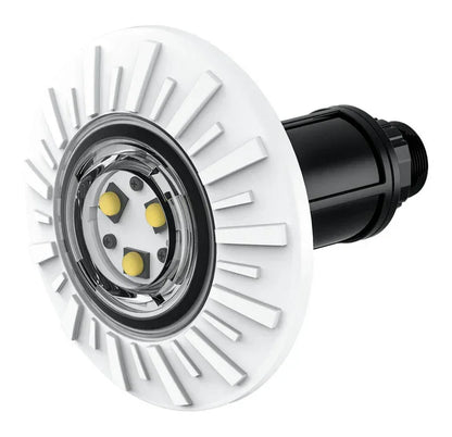 Éclairage LED rond pour piscine, blanc, avec trois ampoules visibles, conçu pour bassin.