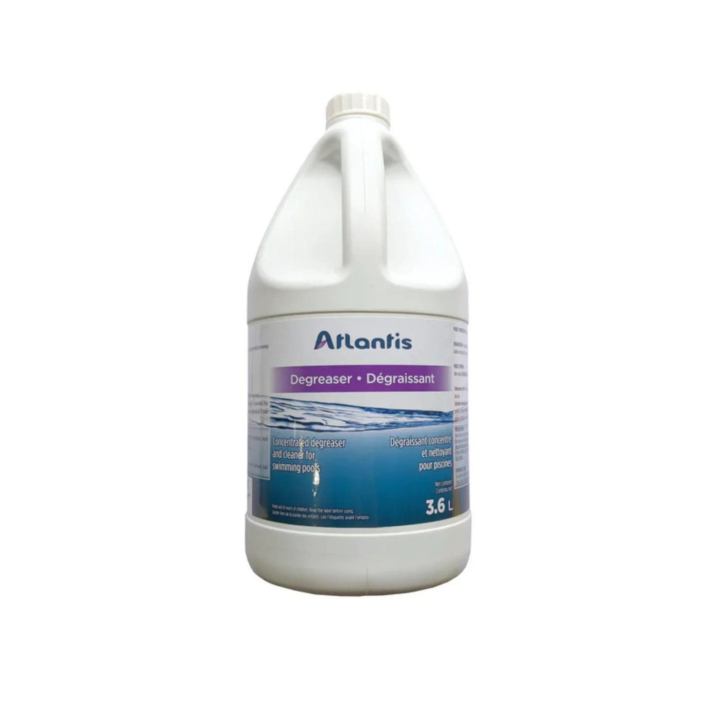 Bidon de dégraissant Atlantis 3,6L pour nettoyage piscine, étiquette bleu et violet.