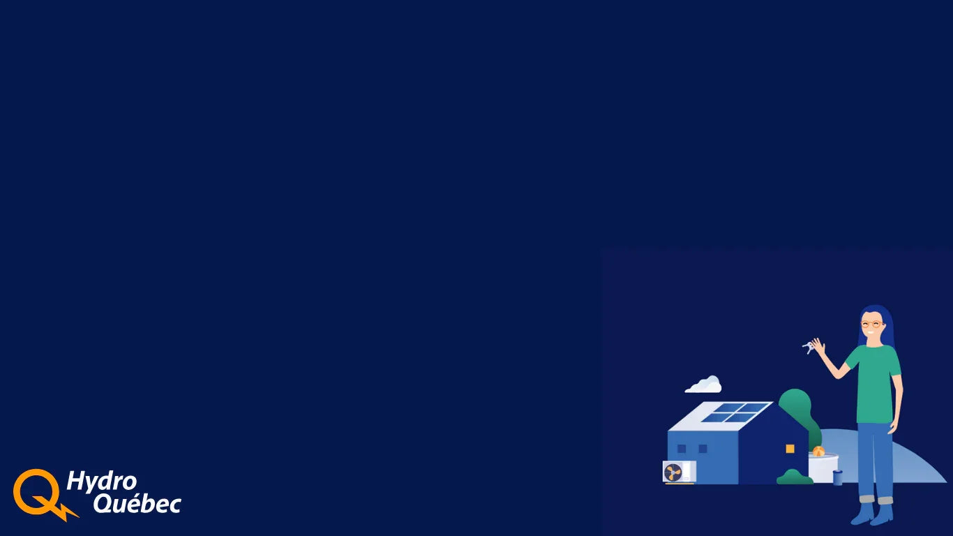 Femme à côté d'une maison avec panneaux solaires, piscine, pompe à chaleur, fond bleu, Hydro-Québec