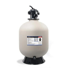 Filtre à sable pour piscine avec vanne de contrôle noir, sur fond blanc.