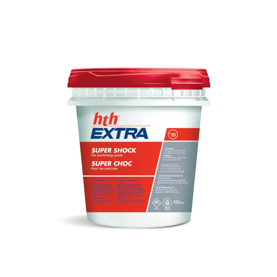 Seau de traitement choc piscine HTH EXTRA Super Shock 6kg, couvercle rouge, étiquette rouge et blanche.
