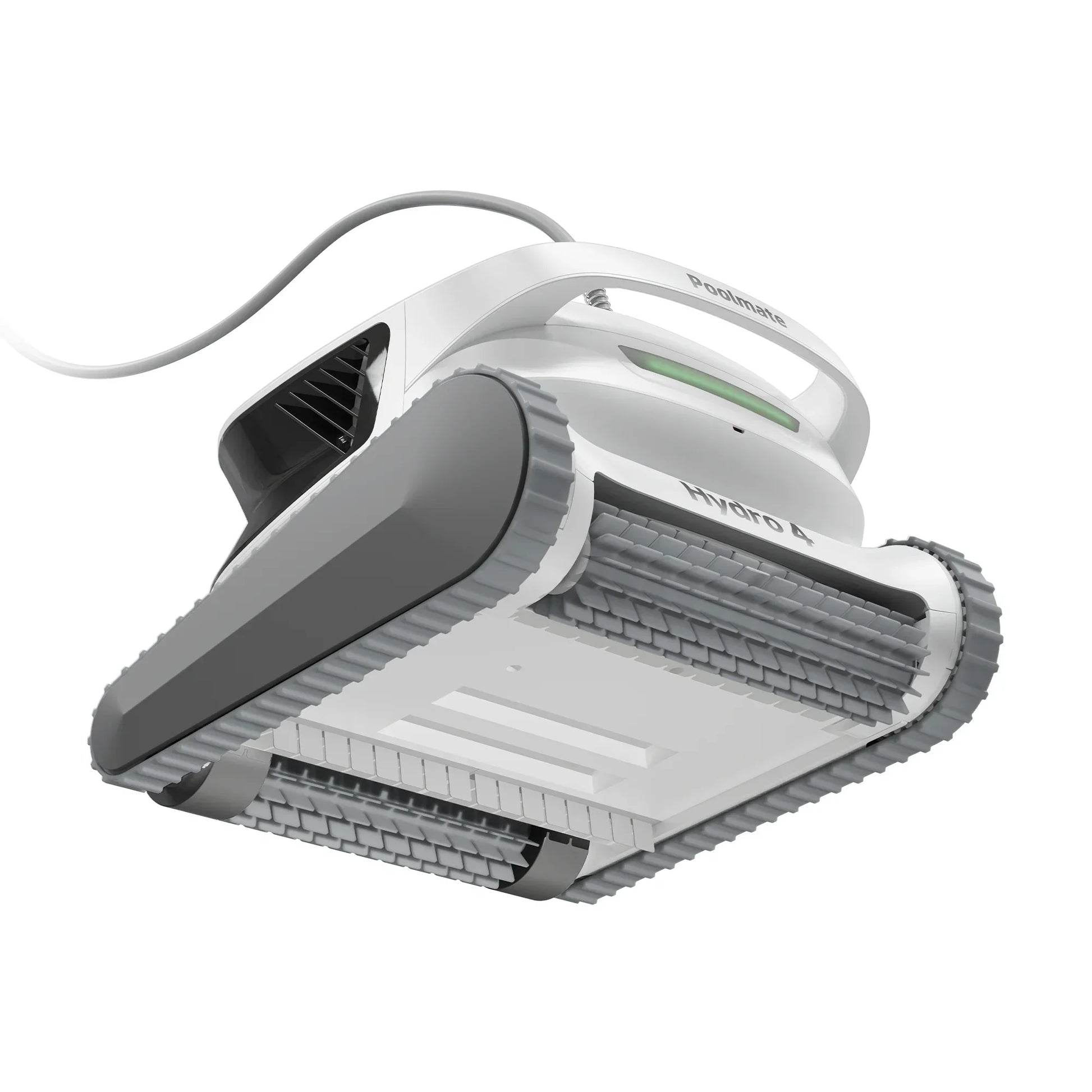Robot nettoyeur de piscine gris et blanc avec chenilles, vu de dessous