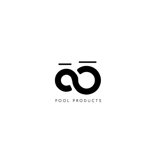 Logo minimaliste noir pour produits de piscine, deux cercles entrelacés et texte Pool Products.
