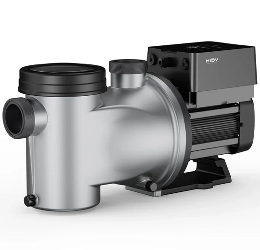 Pompe MOOV AI MP15AIDV 1.25 HP vitesse variable WiFi pour piscine creusee - vue de face avec boitier de controle intelligent et moteur inverter