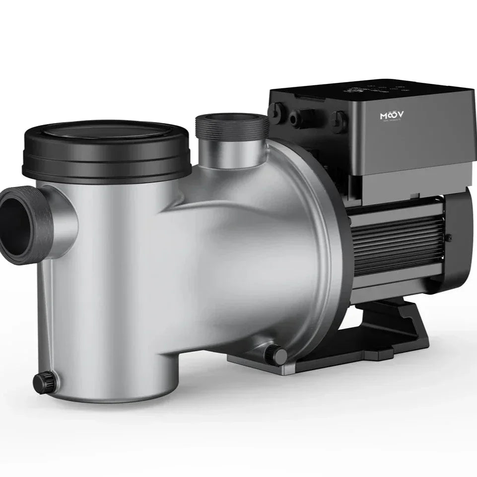 Pompe MOOV AI MP165AI 1.65 HP vitesse variable WiFi pour piscine creusee - vue de face avec boitier de controle intelligent et moteur inverter PMSM
