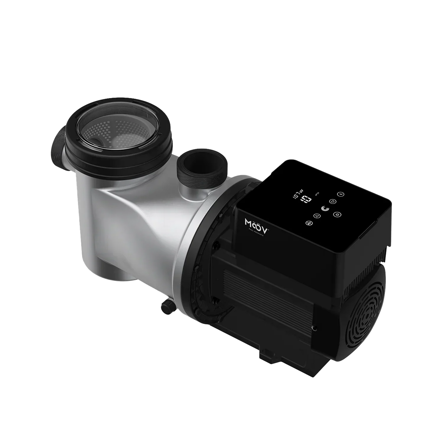 Pompe MOOV AI MP165AI 1.65 HP piscine creusee - vue laterale avec panneau de controle WiFi numerique et panier pre-filtre transparent