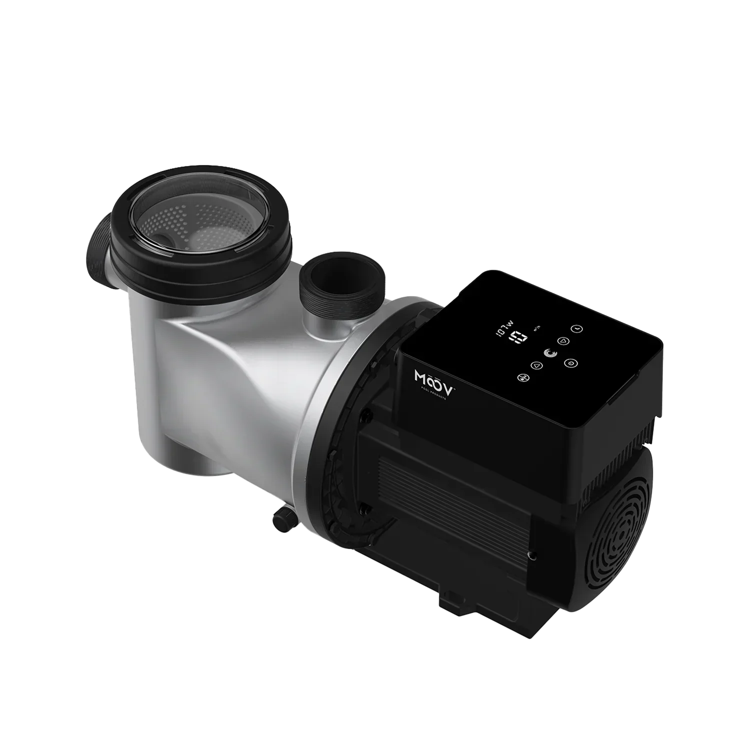 Pompe MOOV AI MP165AI 1.65 HP piscine creusee - vue laterale avec panneau de controle WiFi numerique et panier pre-filtre transparent