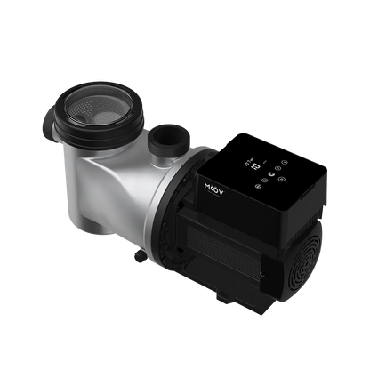 Pompe MOOV AI MP165AI 1.65 HP piscine creusee - vue laterale avec panneau de controle WiFi numerique et panier pre-filtre transparent