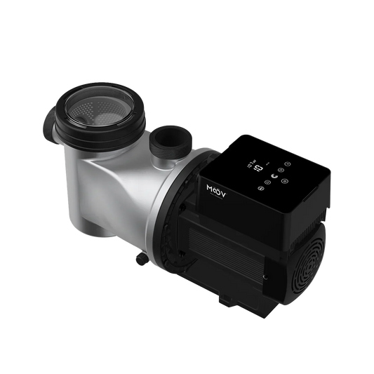 Pompe MOOV AI MP165AI 1.65 HP piscine creusee - vue laterale avec panneau de controle WiFi numerique et panier pre-filtre transparent