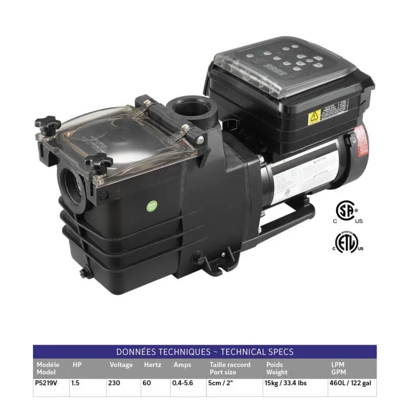 Pompe Olympic P5219V vitesse variable 1.5HP piscine creusee - vue laterale avec panier pre-filtre transparent et panneau de controle numerique