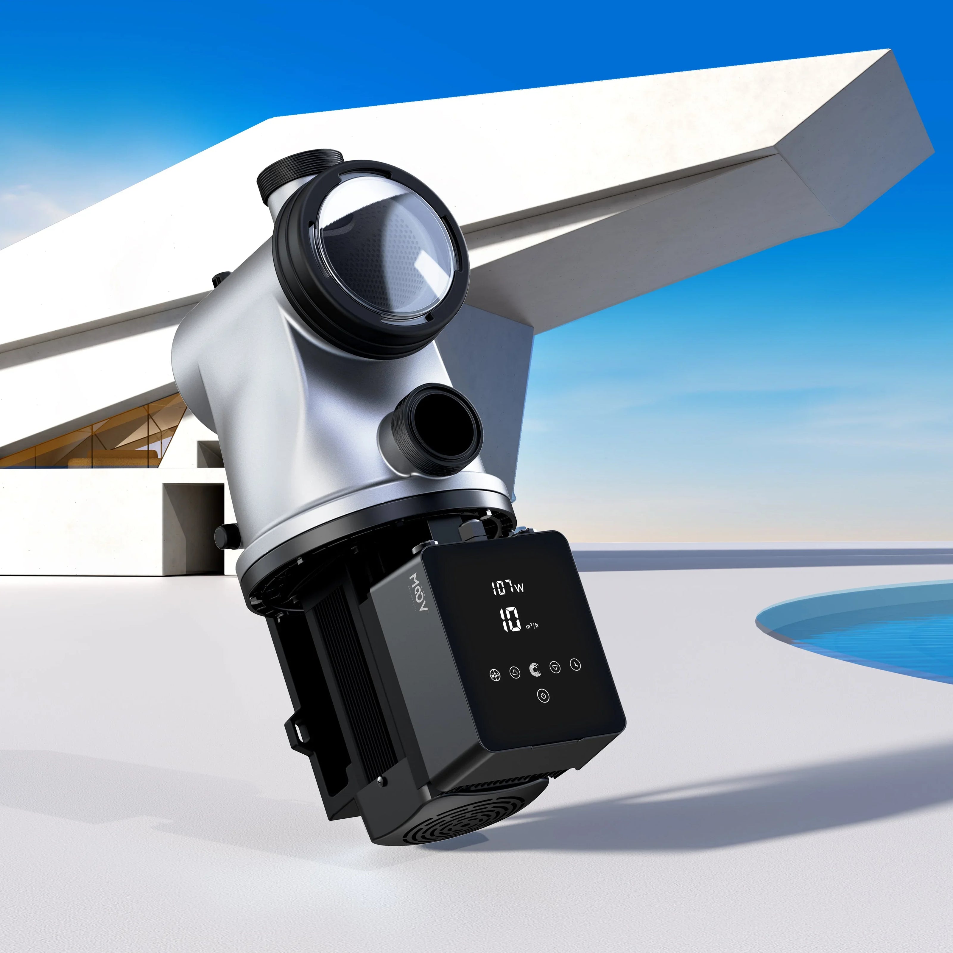 Pompe de piscine moderne avec écran digital près d'une piscine extérieure, ciel bleu