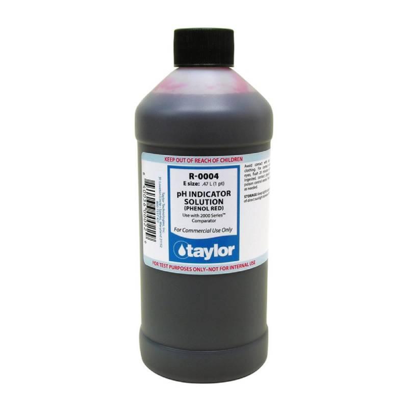 Flacon de solution indicatrice de pH pour test de piscine, étiquette blanche et bleue.