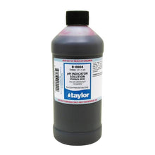 Flacon de solution indicatrice de pH pour test de piscine, étiquette blanche et bleue.