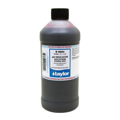 Flacon de solution indicatrice de pH pour test piscine, étiquette bleue et bouchon noir.