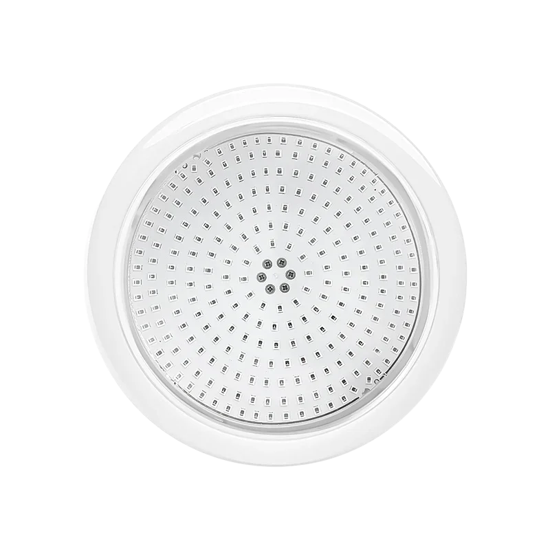 Projecteur LED rond blanc pour piscine, vue de face, éclairage subaquatique moderne