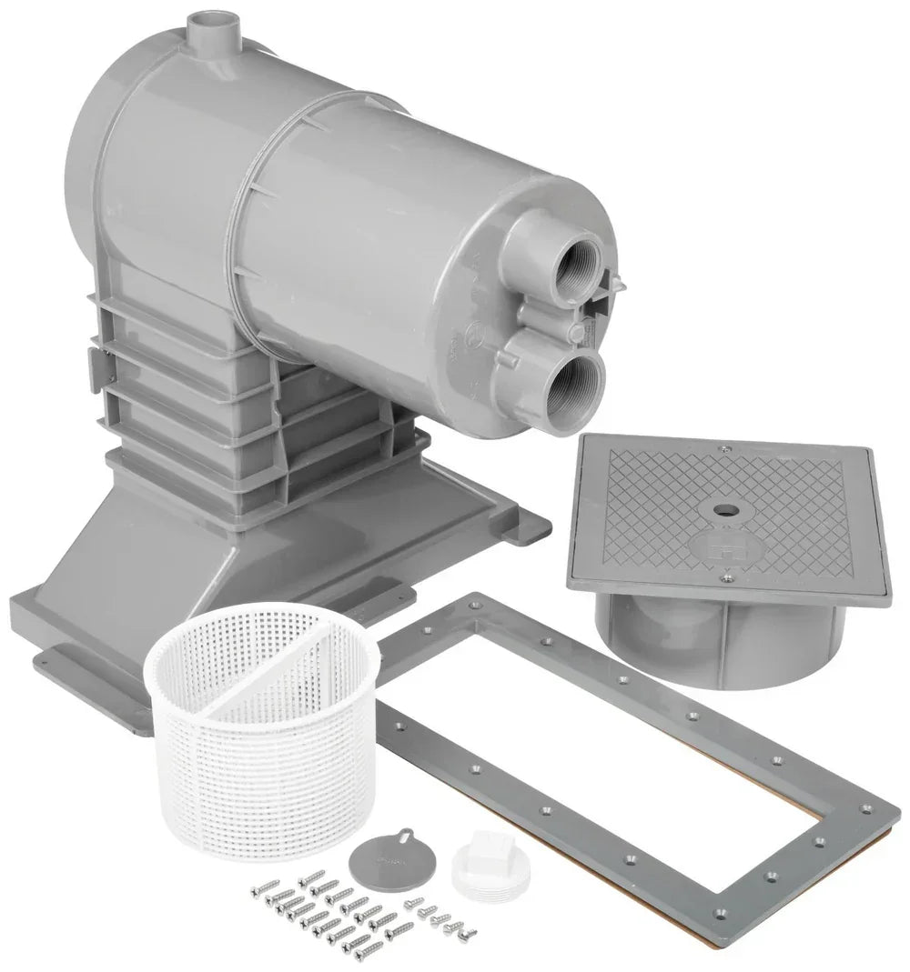Pièce détachée pour piscine grise avec panier, visserie et accessoires d'installation