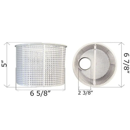 Panier de skimmer rond en plastique blanc pour piscine, dimensions indiquées