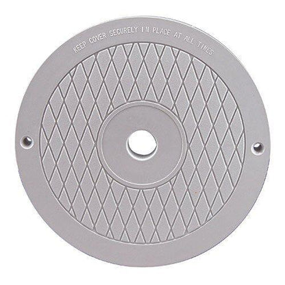 Couvercle de drain rond gris pour piscine, surface antidérapante, trou central visible.