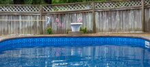 Piscine extérieure bleue avec motif, bord en béton, clôture bois et décoration florale