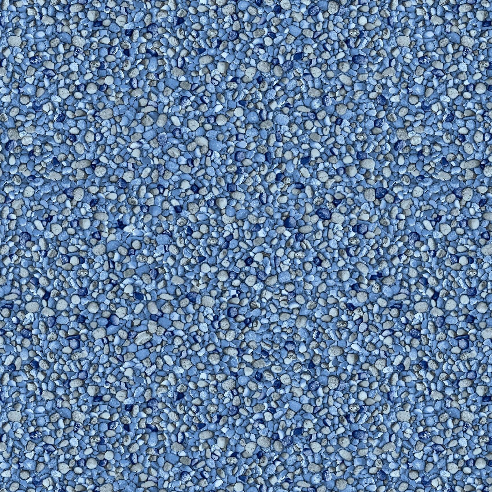 Motif de galets bleus pour revêtement de piscine, texture granuleuse décorative.