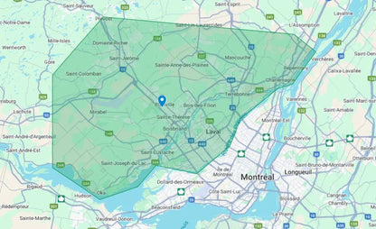 Carte montrant la zone desservie pour construction et entretien de piscines autour de Blainville.