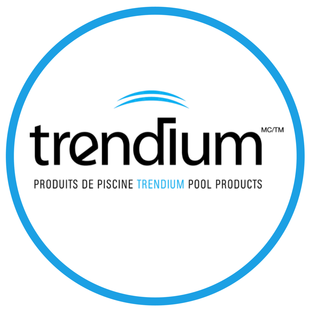 Logo Trendium avec texte 'Produits de piscine Trendium Pool Products' dans un cercle bleu.