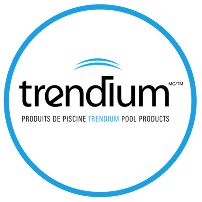 Logo Trendium avec texte 'Produits de piscine Trendium Pool Products' dans un cercle bleu.