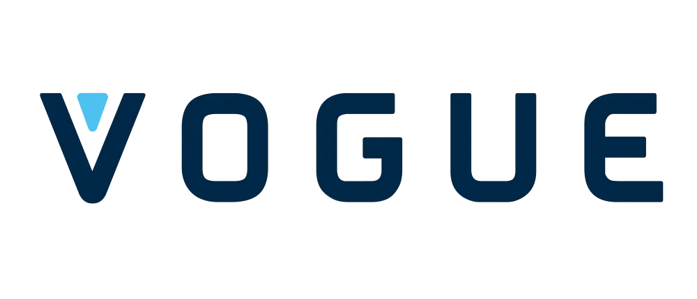 Logo Vogue texte bleu marine, design épuré, lettre V avec accent bleu clair, piscines