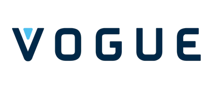 Logo Vogue texte bleu marine, design épuré, lettre V avec accent bleu clair, piscines
